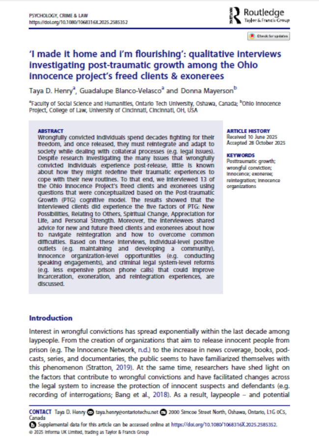 First page of the article about PTG and OIP's exonerees and free clients